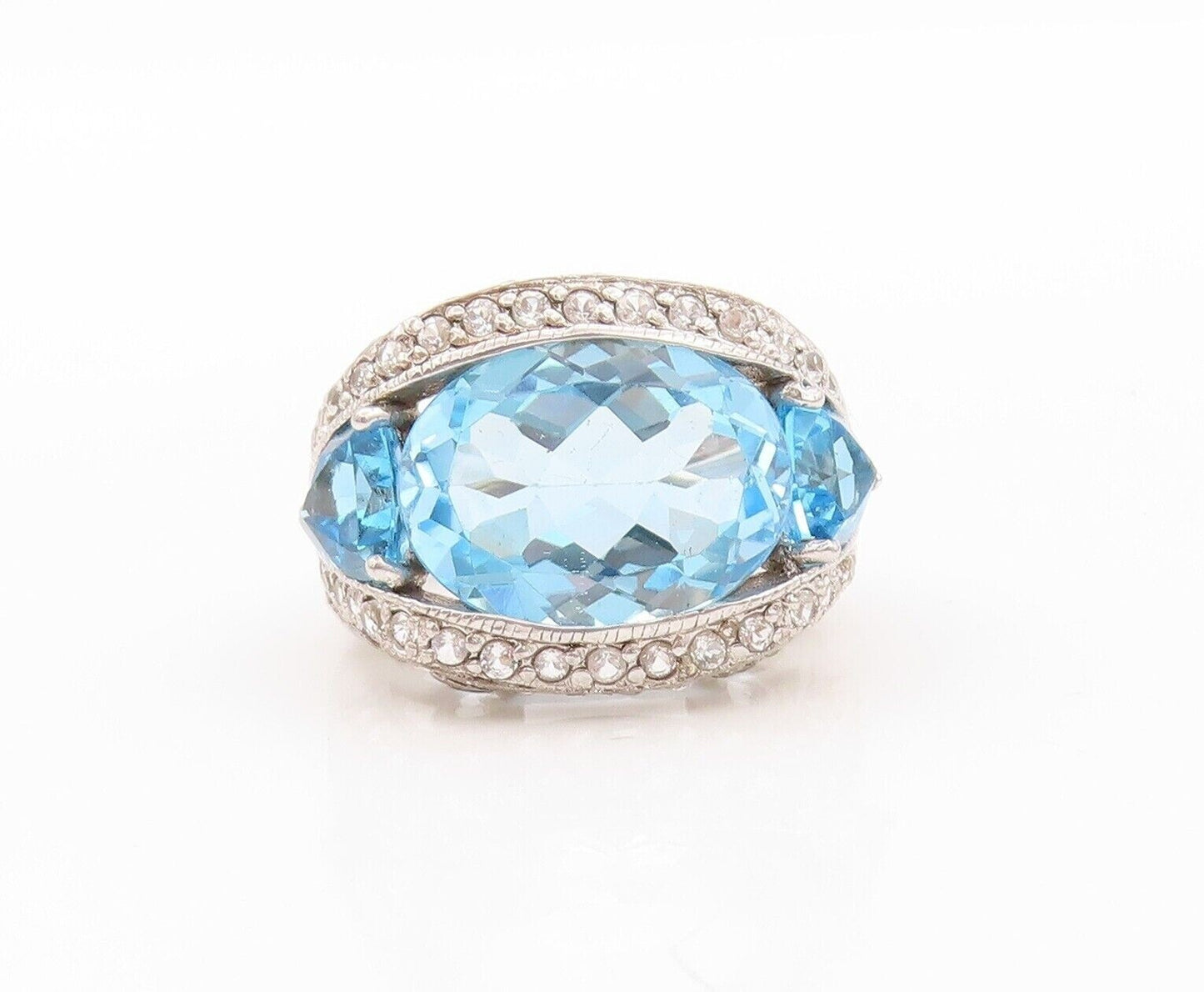 925 Sterling Silver Vintage Ring Multi Cut Blue & White Topaz  Sz 7.5  RG30214