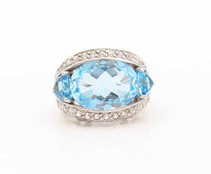 925 Sterling Silver Vintage Ring Multi Cut Blue & White Topaz  Sz 7.5  RG30214