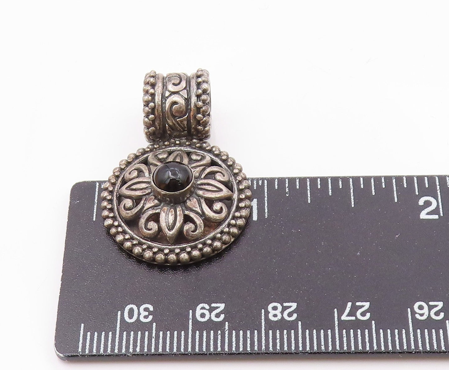 925 Sterling Silver  Vintage Floral Scroll Black Onyx Beaded Pendant  PT20305