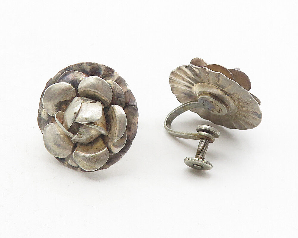 MEXICO 925 Sterling Silver  Vintage Sculpted Flower Non Pierce Earrings EG6027