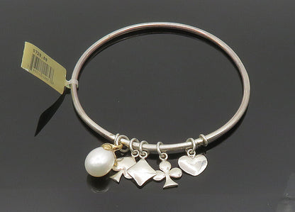 925 Silver & 14K GOLD  Vintage Shiny Pearl & Charms Bangle Bracelet  BT8086