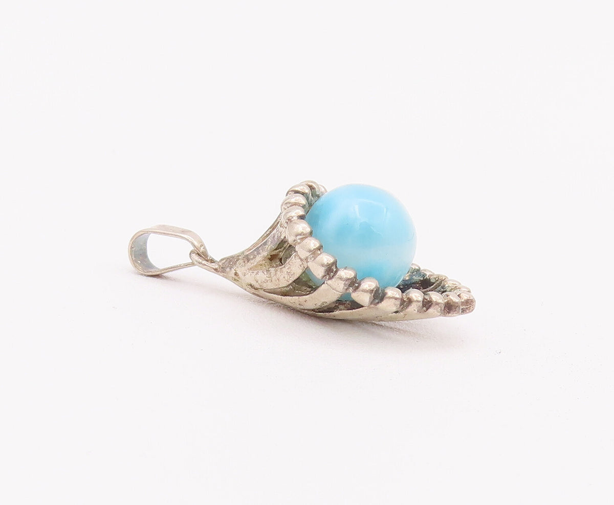 925 Sterling Silver Vintage Pendant Larimar Bead Cutout Drop Beaded Cone PT22800