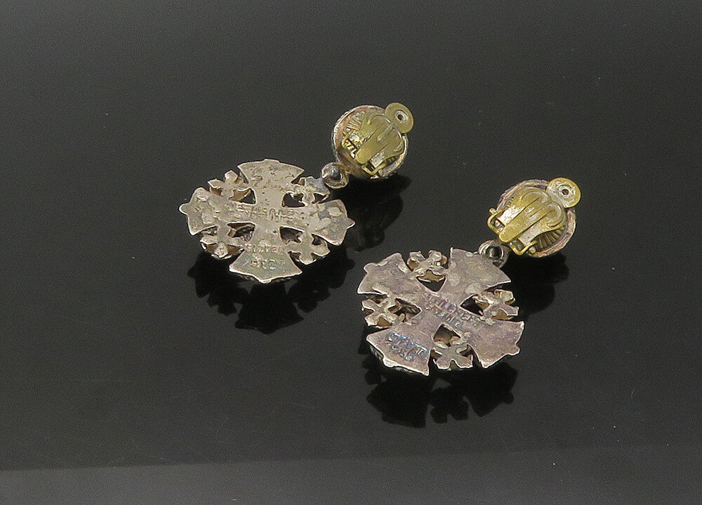 JERUSALEM 925 Silver  Vintage Antique Topaz Cross Non Pierce Earrings  EG10948