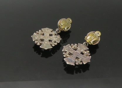 JERUSALEM 925 Silver  Vintage Antique Topaz Cross Non Pierce Earrings  EG10948