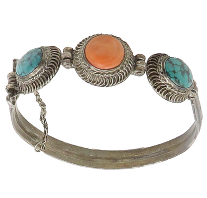 925 Sterling Silver Vintage Turquoise & Rhodochrosite Bangle Bracelet BT7879