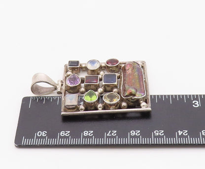 925 Sterling Silver Vintage Pendant Modernist Multi Gemstone Square  PT26358