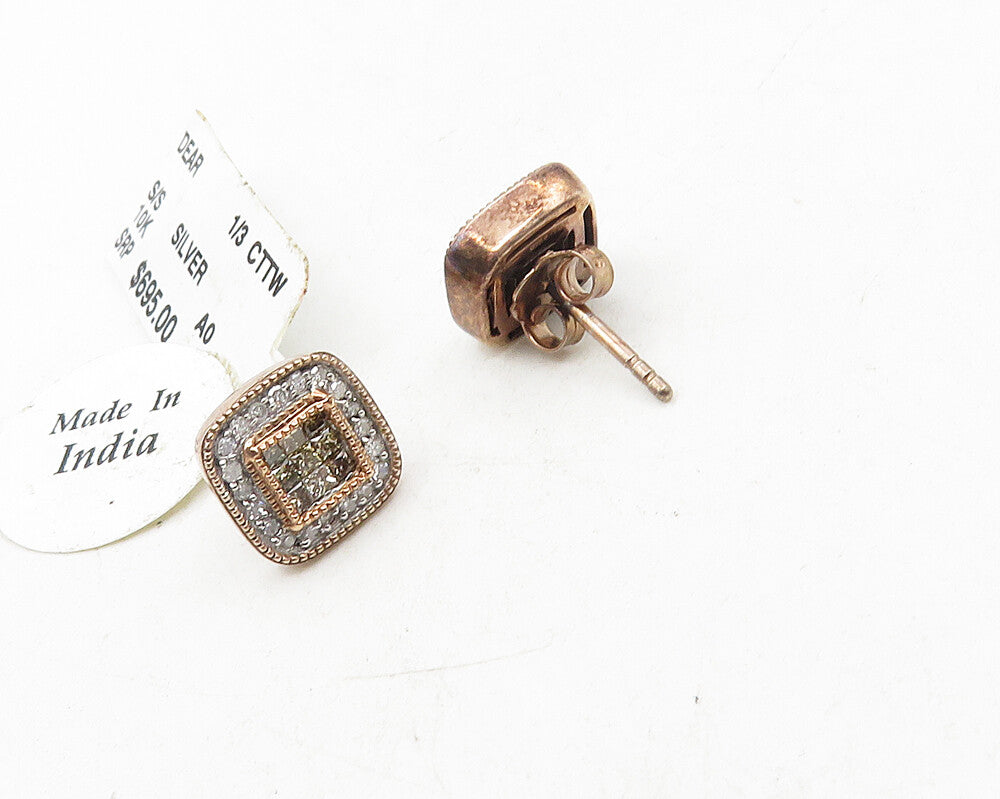 925 Sterling Silver & 10K GOLD  Genuine Diamonds Square Stud Earrings  EG5361