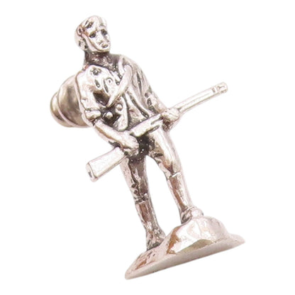 925 Sterling Silver  Vintage Shiny Petite Man With Rifle Lapel Pin  TR2952