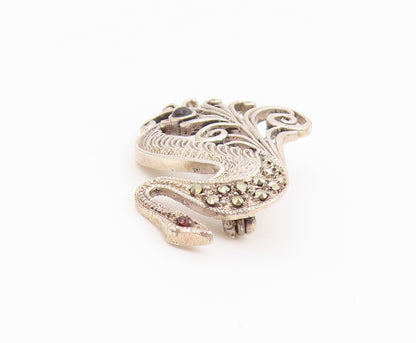 925 Sterling Silver Vintage Brooch Pin Multi Gemstone Scrollwork Swan  BP12635