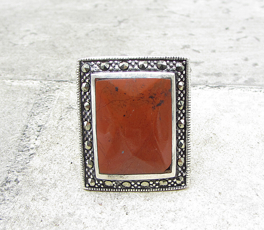 925 Sterling Silver  Red Jasper & Marcasite Cocktail Ring Sz 6  RG1589