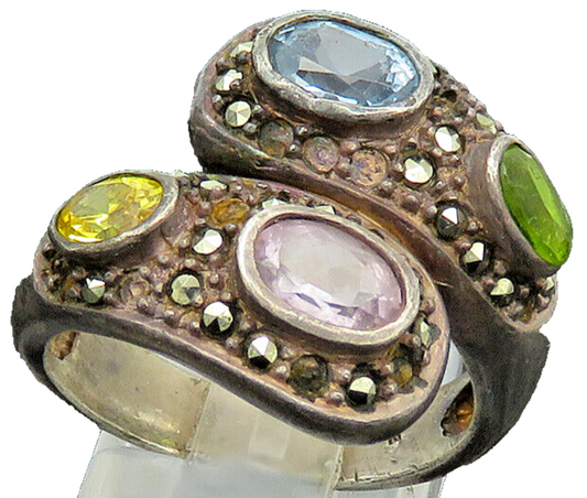 925 Sterling Silver Vintage Topaz Peridot & Multi Stone Bypass Ring Sz 7 RG20160