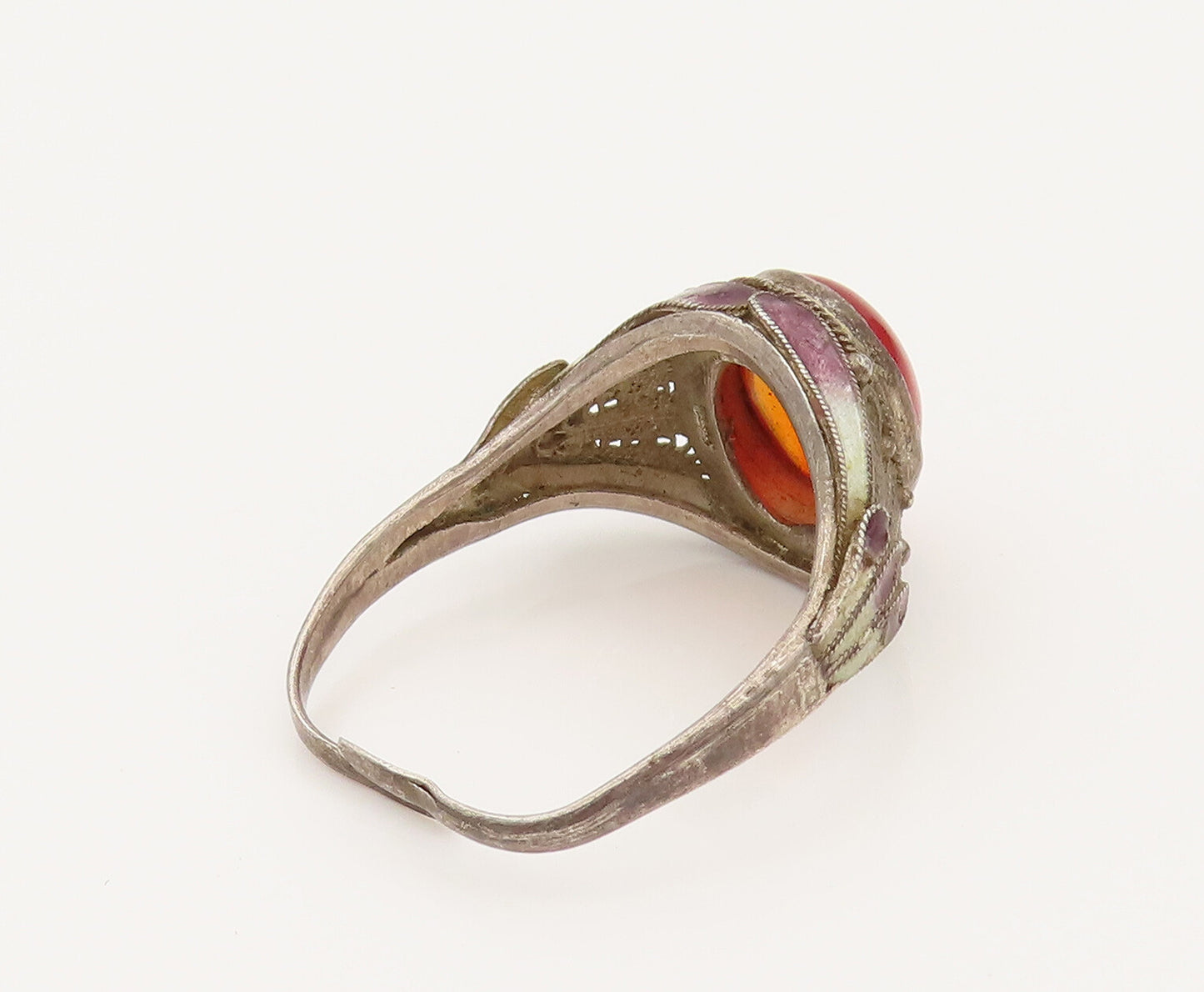 CHINESE 925 Sterling Silver Vintage Filigree Carnelian Ring Sz 9  RG26502