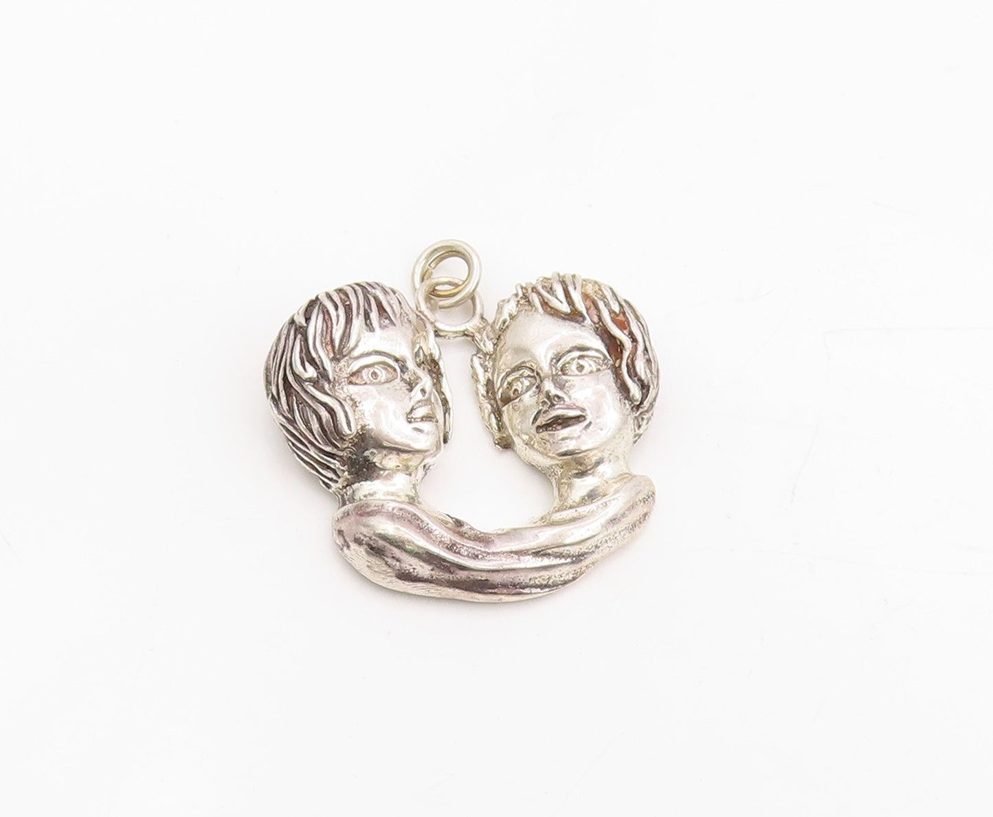 925 Sterling Silver Vintage Pendant Modernist Sculpted Twin Heads Charm  PT25347