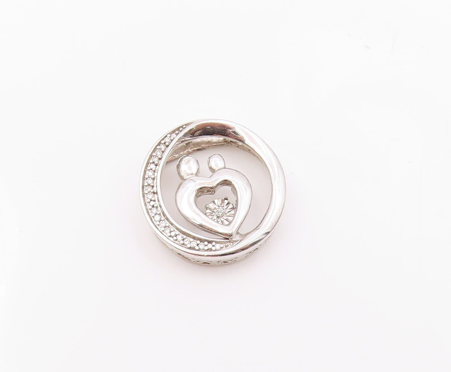 925 Sterling Silver  Vintage Genuine Diamonds Mom & Baby Love Pendant  PT18617