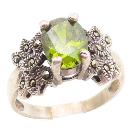 925 Sterling Silver Vintage Ring Peridot & Marcasite Floral Band  Sz 9  RG35283