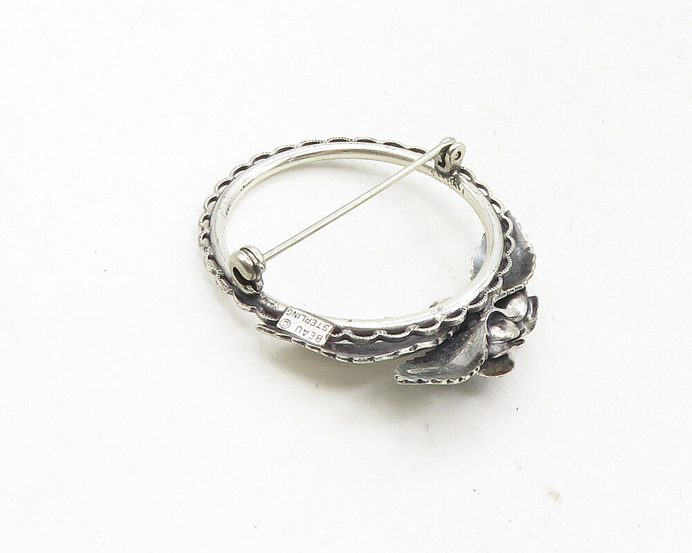 BEAU 925 Sterling Silver  Vintage Rose Flowers Open Circle Brooch Pin  BP3629