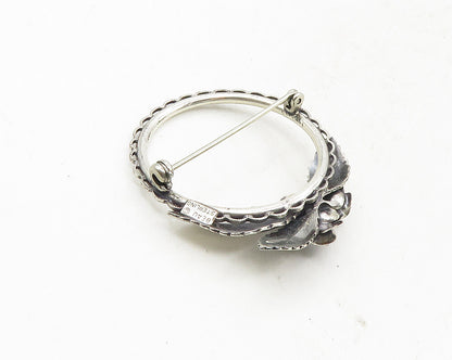 BEAU 925 Sterling Silver  Vintage Rose Flowers Open Circle Brooch Pin  BP3629