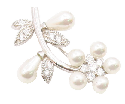 925 Silver  Vintage Cubic Zirconia & Cultured Pearls Flower Brooch Pin  BP9770