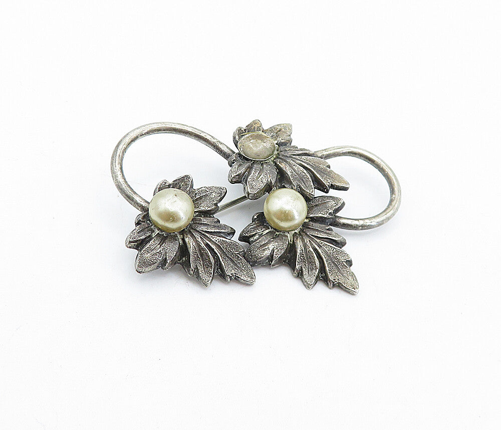 925 Sterling Silver  Vintage Pearls Dark Tone Autumn Leaves Brooch Pin  BP1696