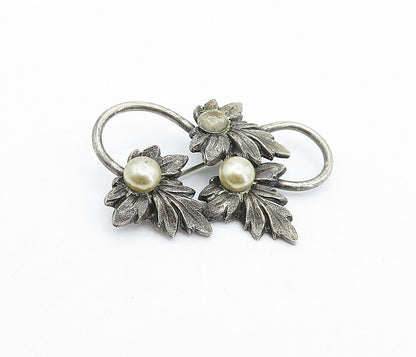 925 Sterling Silver  Vintage Pearls Dark Tone Autumn Leaves Brooch Pin  BP1696