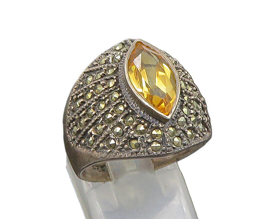 925 Sterling Silver  Vintage Marquise Citrine & Marcasite Ring Sz 8  RG24645