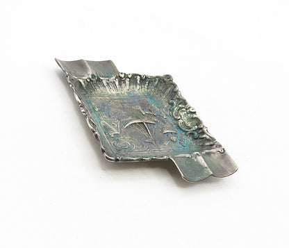 925 Sterling Silver  Vintage Antique Oxidized Boat Scene Ash Tray  TR1406