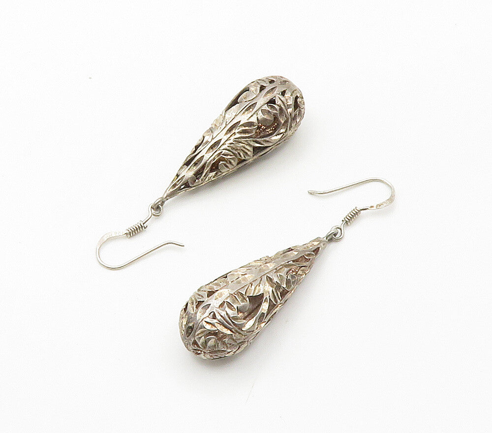 925 Sterling Silver  Vintage Diamond Cut Floral Swirl Dangle Earrings  EG7821