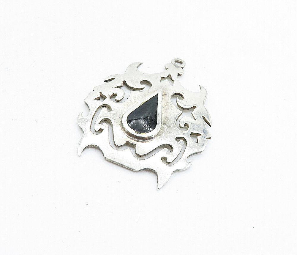 MEXICO 925 Sterling Silver  Vintage Black Onyx Swirl Cutout Pendant  PT5356