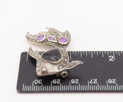 925 Sterling Silver Vintage Brooch Heart Shape Onyx & Amethyst Koi Fish  BP12302