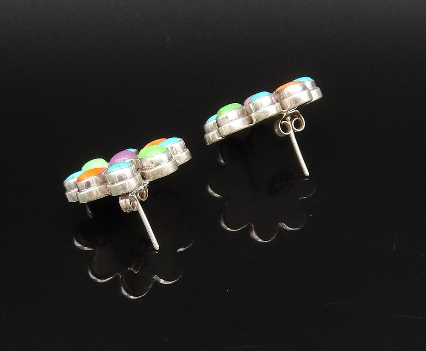 925 Silver  Vintage Turquoise Charoite & Spiny Flower Stud Earrings  EG12214