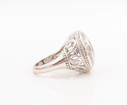 925 Sterling Silver Vintage Ring Oval Cut Sapphire Topaz Carved  Sz 7  RG29265