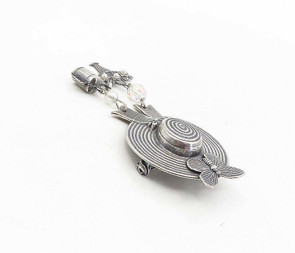 925 Silver  Vintage Rainbow Quartz & Petite Pearls Hat Brooch Pin  BP3226