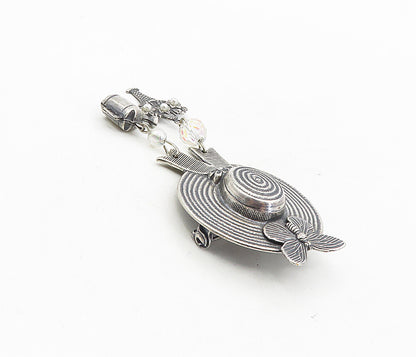 925 Silver  Vintage Rainbow Quartz & Petite Pearls Hat Brooch Pin  BP3226