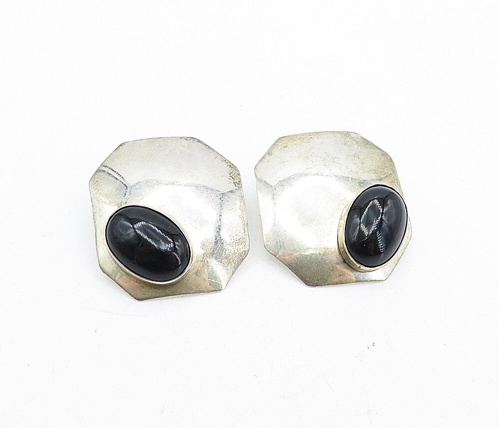 925 Sterling Silver  Vintage Cabochon Cut Black Onyx Octagon Earrings  EG2667