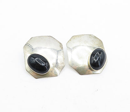 925 Sterling Silver  Vintage Cabochon Cut Black Onyx Octagon Earrings  EG2667