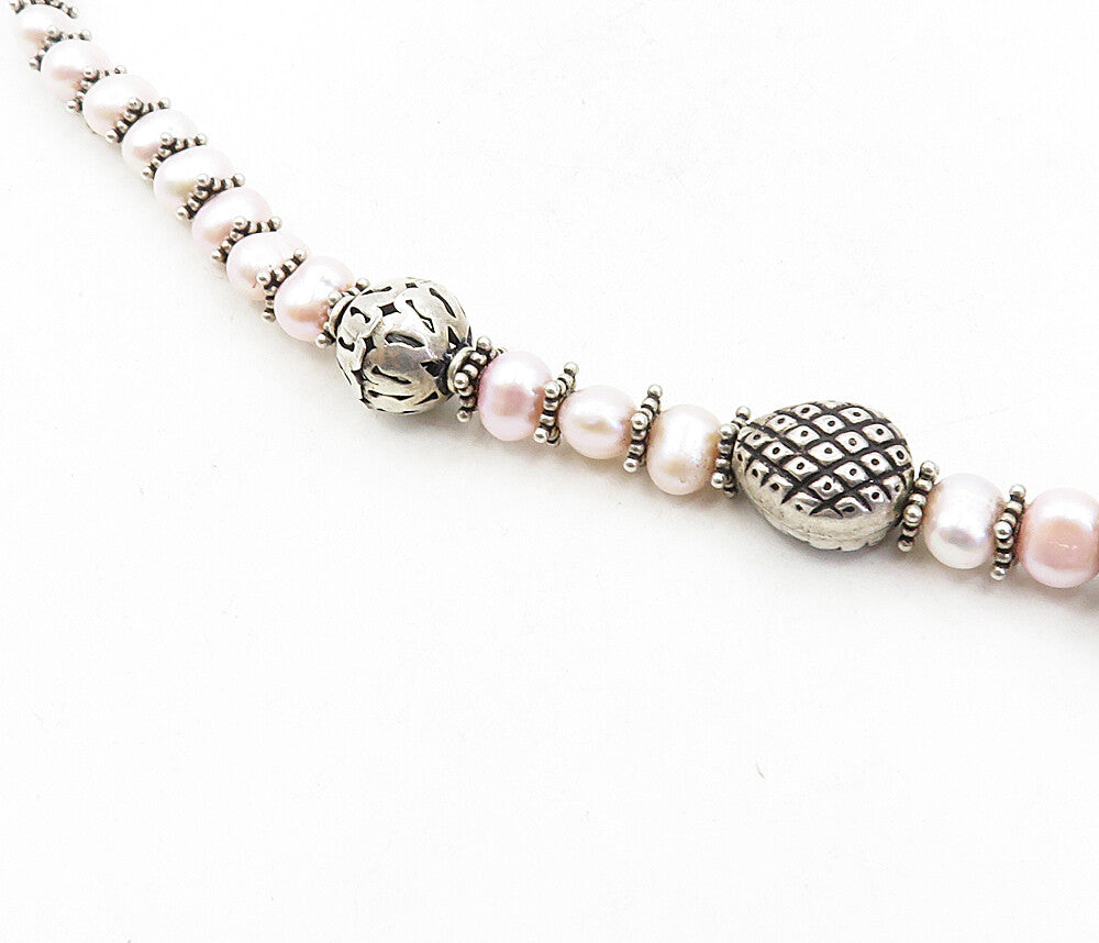 925 Sterling Silver  Vintage Pearls Agate & Amethyst Chain Necklace  NE1655
