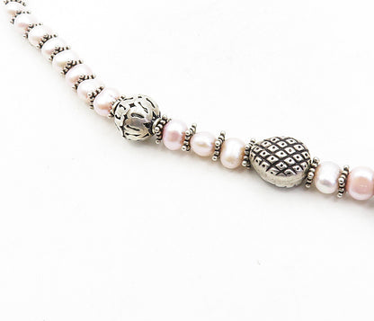 925 Sterling Silver  Vintage Pearls Agate & Amethyst Chain Necklace  NE1655