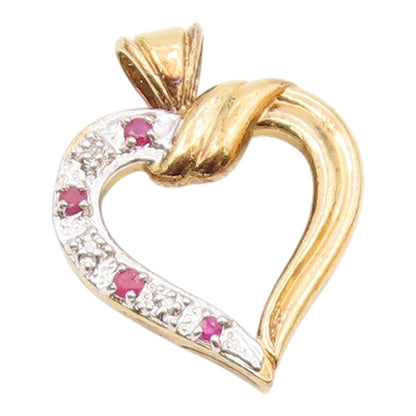925 Sterling Silver  Vintage Genuine Diamond & Ruby Heart Pendant  PT15771