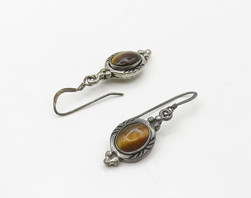 925 Sterling Silver  Vintage Cabochon Cut Tiger's Eye Dangle Earrings  EG8283