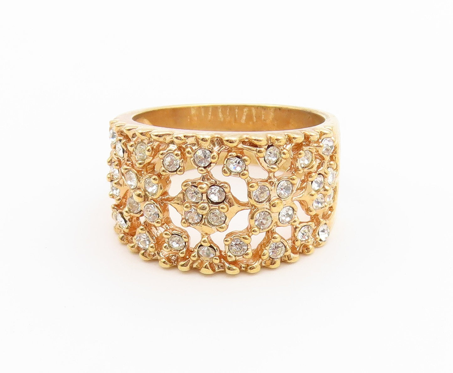 925 Sterling Silver Vintage Ring Gold Plated CZ Floral Openwork  Sz 8  RG36945