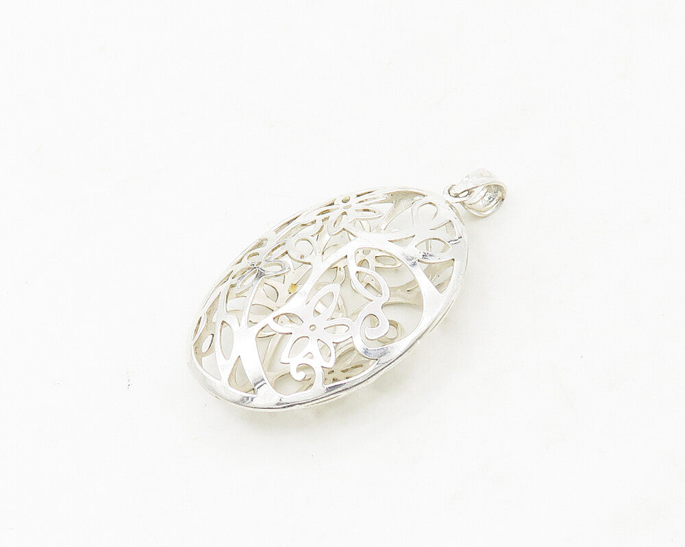 925 Sterling Silver  Shiny Floral Vine Cutout Oval Pendant  PT13932