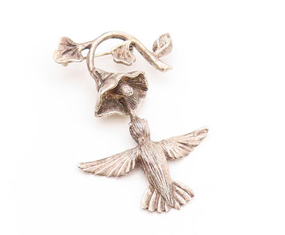 925 Sterling Silver Vintage Brooch Humming Bird Collecting Nectar  BP11529