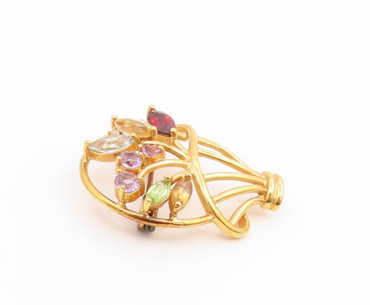 925 Sterling Silver Vintage Brooch Gold Plated Gemstone Floral Basket  BP12412