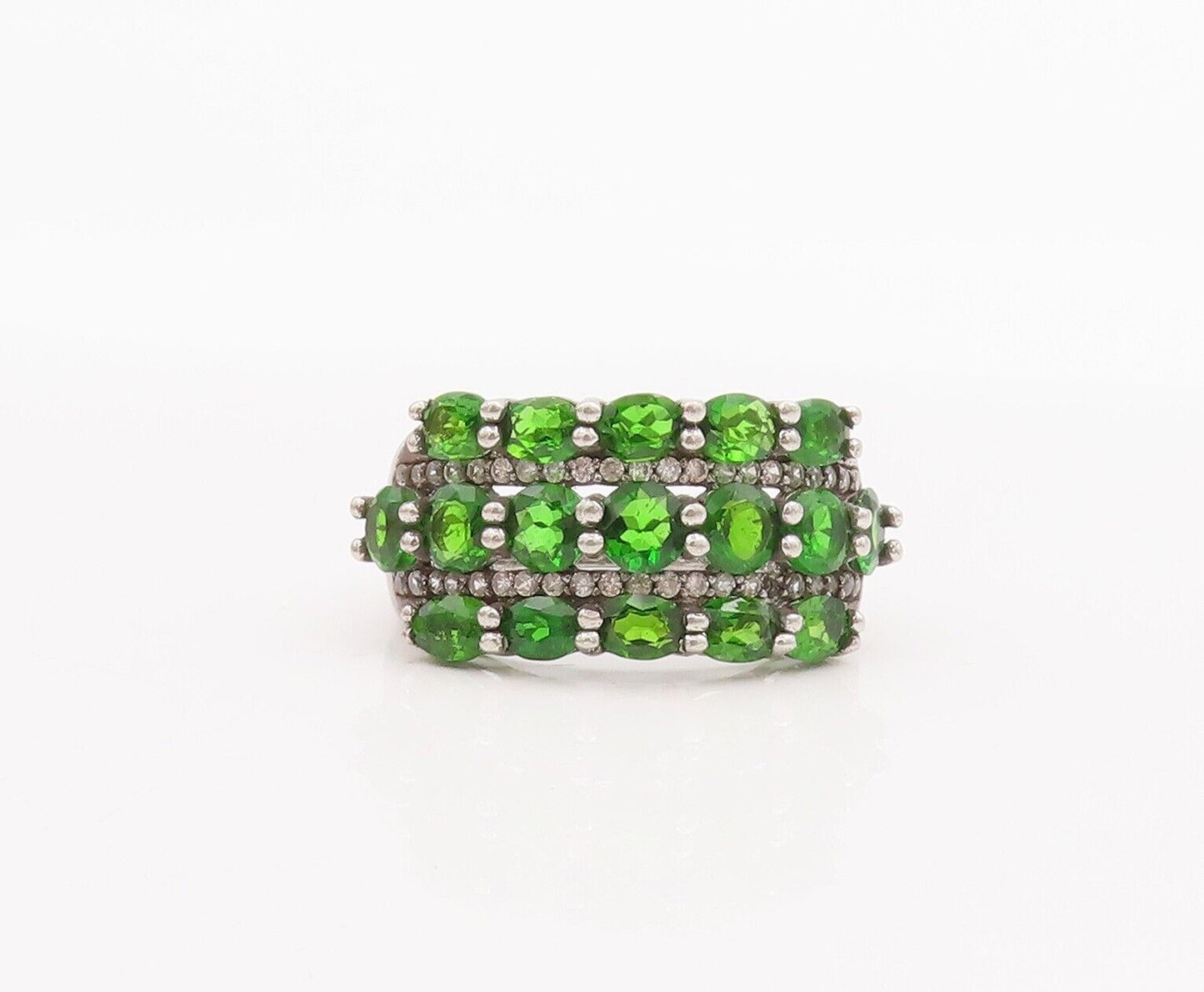 925 Sterling Silver Vintage Ring Oval Green & Round White CZ Bands Sz 9  RG28420