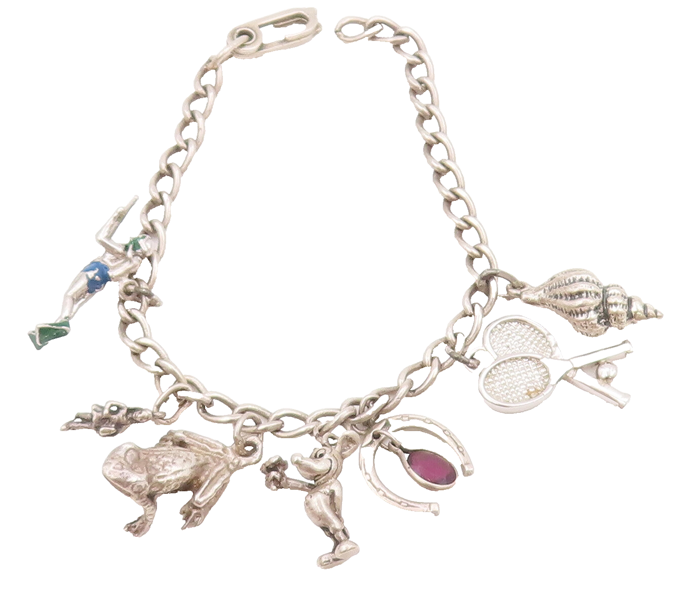 925 Sterling Silver Vintage Bracelet Carved Dangling Charms Amethyst  BT10423