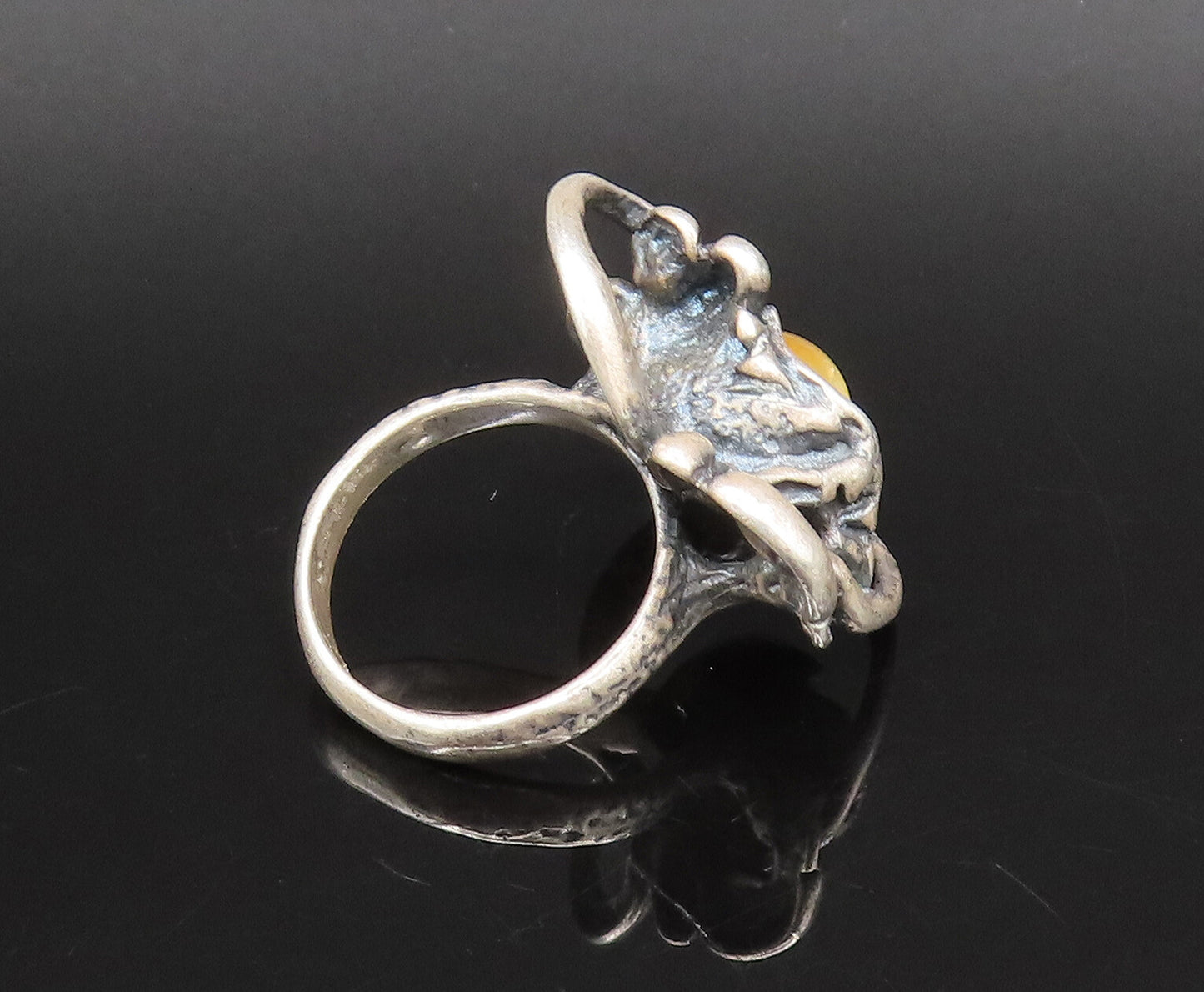 ISRAEL 925 Silver  Vintage Modernist Openwork Tiger's Eye Ring Sz 7.5  RG26019