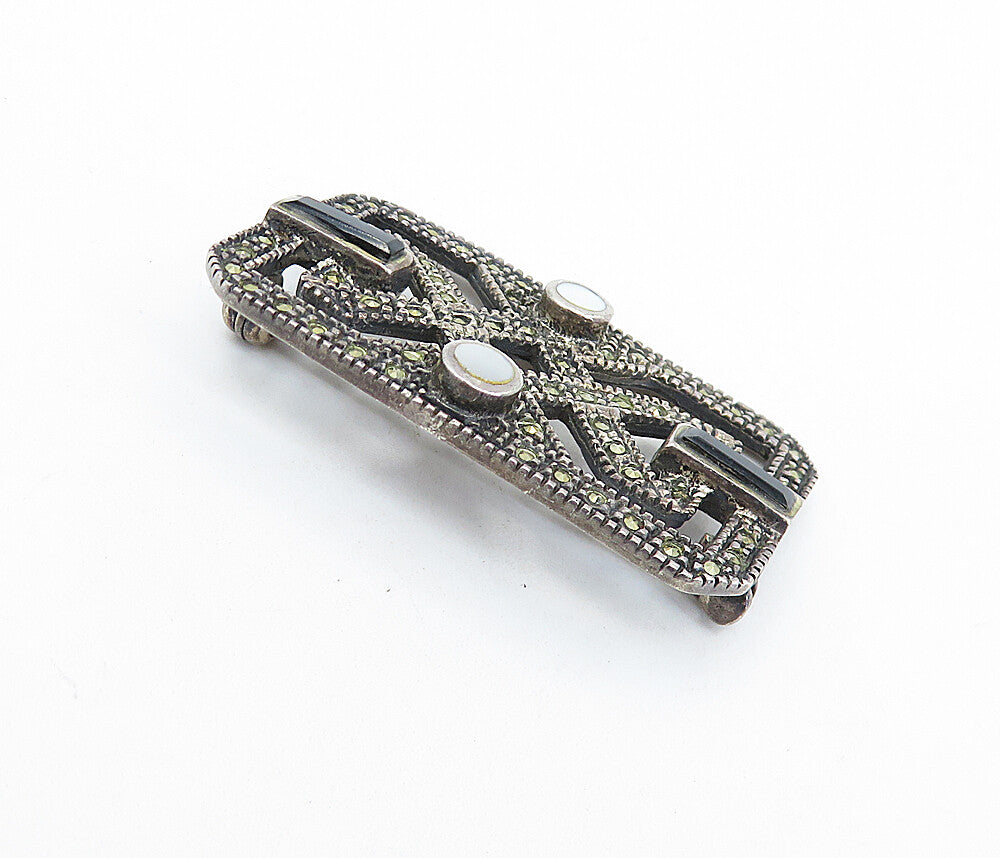 925 Sterling Silver  Vintage Mother Of Pearl & Black Onyx Brooch Pin  BP2331