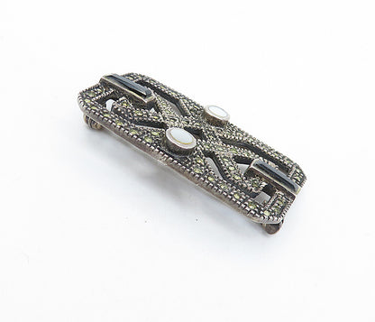 925 Sterling Silver  Vintage Mother Of Pearl & Black Onyx Brooch Pin  BP2331