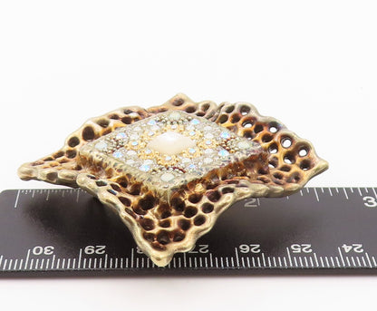 925 Sterling Silver Vintage Brooch Pin Gold Plated Brutalist Rhinestone  BP11554