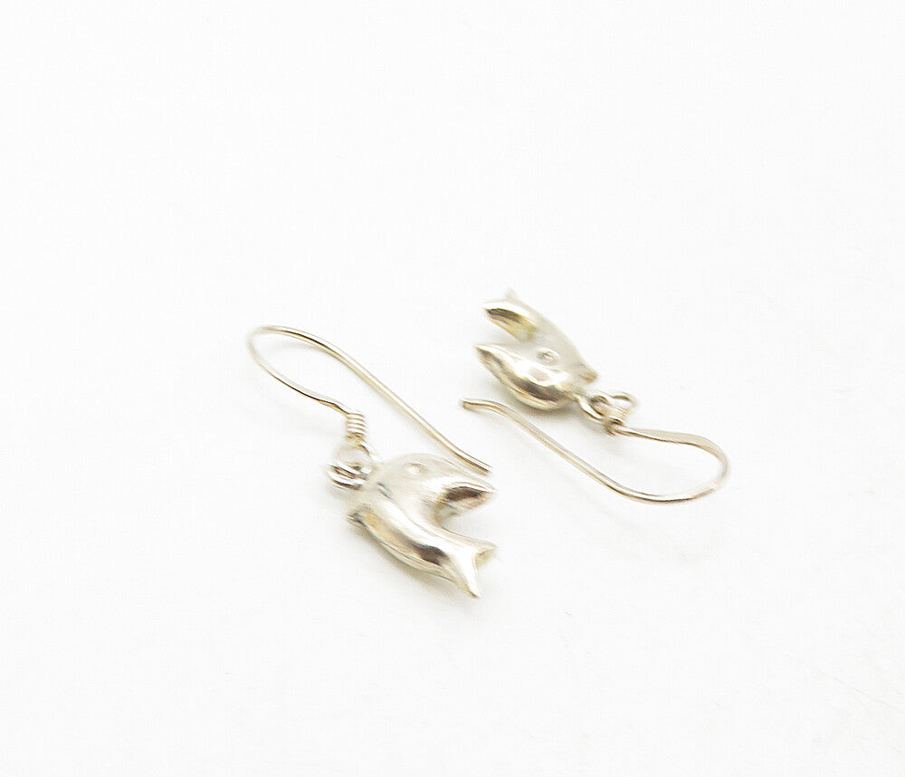 925 Sterling Silver  Vintage Shiny Petite Dolphin Dangle Earrings  EG4881